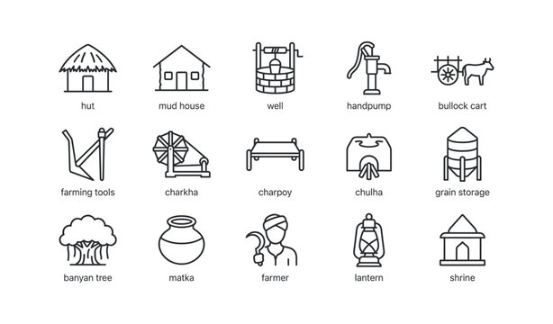 Rural village life icons and tools on white background