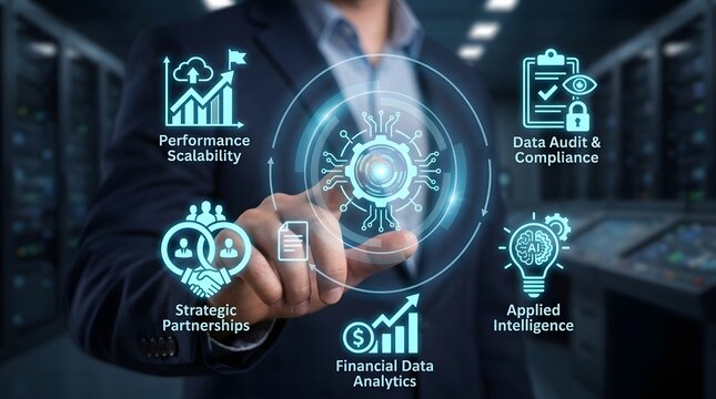 Businessman in a server room interacting with futuristic data analytics and AI interface icons
