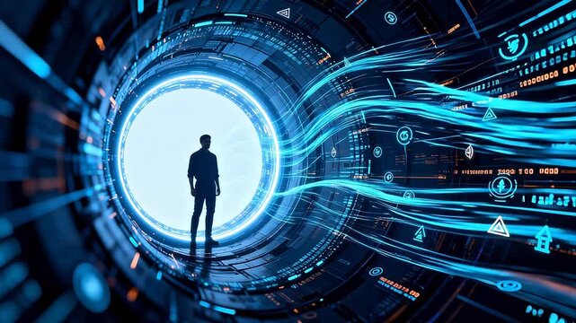Silhouette of person in futuristic tunnel