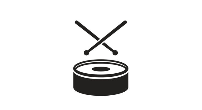 Black drum and crossed drumsticks percussion icon.