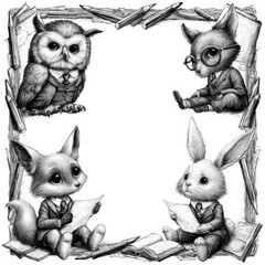 Naklejka premium Owl, fox and rabbit characters wear school uniforms and sit at corners of a doodle border with pencils and books drawn along the edges.