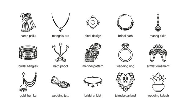 Grid of indian bridal jewelry and wedding accessory icons
