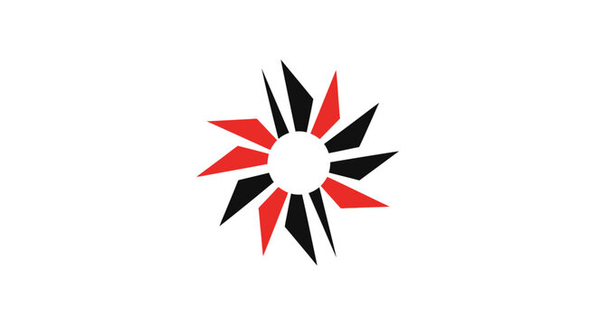 Abstract red and black spiked sun icon.