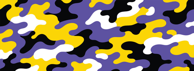 camouflage pattern design with organic shapes in vibrant purple, yellow, black, and white colors. Modern military-style vector background. © Zbrake Studio