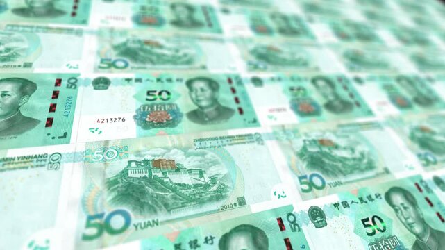 Looping Chinese Fifty Yuan Bills Pile Animation, Horizontal Format, RMB Money Background for Business and Finance
