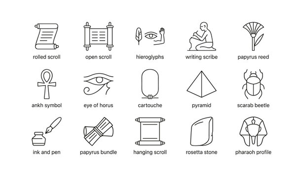 Egyptian writing and papyrus icons arranged in grid