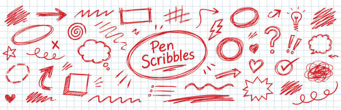 Set of hand drawn pen scribbles, doodles, arrows, frames, and speech bubbles on a grid paper background. Vector illustration of various sketch elements.