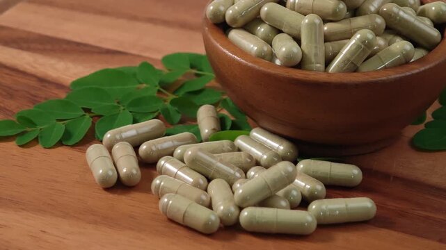 Moringa powder in capsules on a wooden cup.