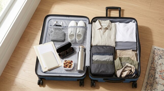 Packed suitcase with clothes, shoes, and travel essentials for weekend  