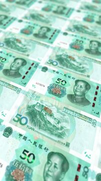 Seamless Looping Chinese Fifty Yuan Banknotes Stack, Vertical Orientation, CNY Currency Background for Social Media Finance