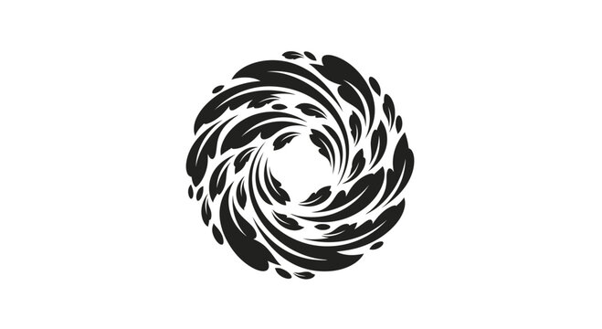 Black circular swirl made of feather shapes.