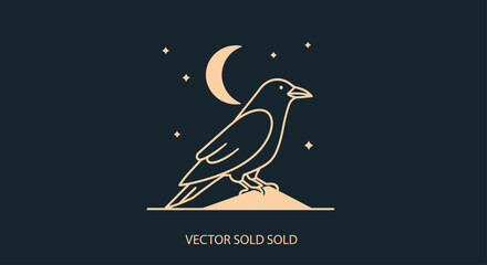 Obraz premium Bird icon under crescent moon and stars night scene.