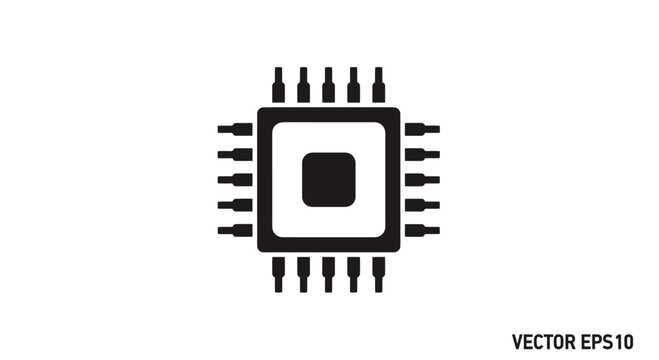 Black CPU microchip processor icon on white background.