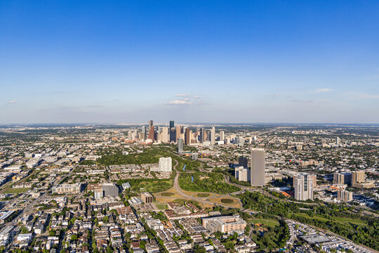 Wide aerial shot of Houston and downtown skyline