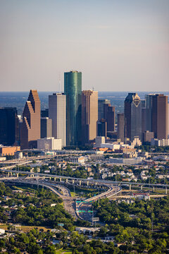 Aerial view of downtown Houston skyline and freeways
