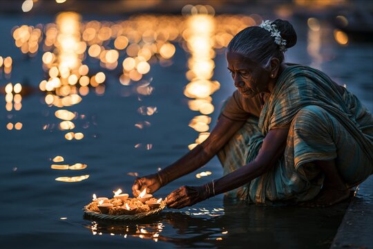 Elderly Indian woman placing diya candles in water