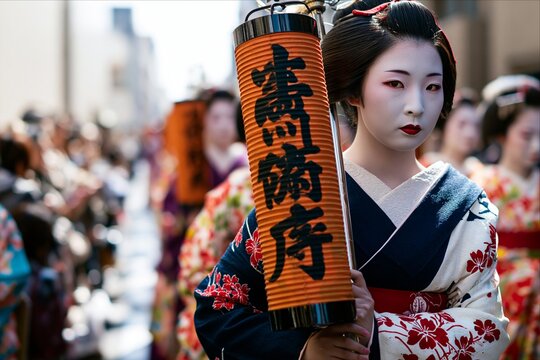Geisha in kimono holds lantern during a Japanese festival