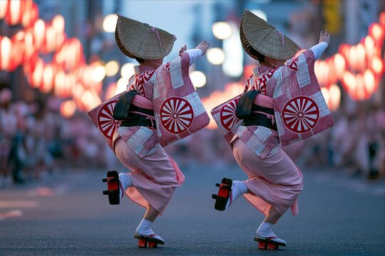 Two dancers perform during a traditional Japanese festival