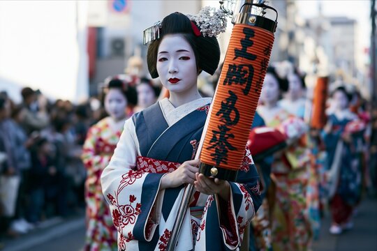 Young geisha in a parade holding a large paper lantern
