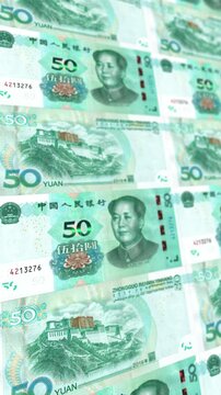  Looping Animation of Stacked Chinese 50 Yuan Bills, Vertical Format, CNY Financial Concept for Mobile and Social Media