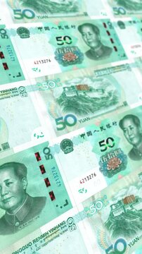 Animated Loop Chinese Fifty Yuan Banknotes Pile, Vertical Orientation, RMB Wealth Banking Background for Reels and Stories