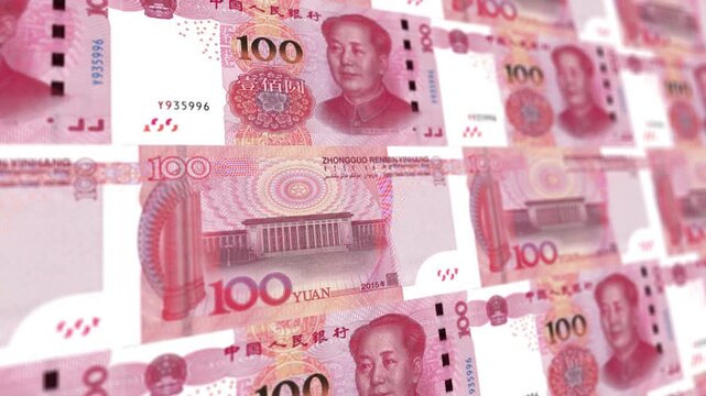 Seamless Looping Animation of Chinese One Hundred Yuan Banknotes Stack, Horizontal Orientation, CNY Currency Finance Background