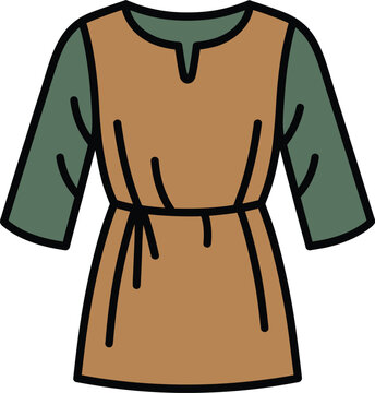 Flat of a medieval tunic with brown bodice and green sleeves, featuring a simple v-neck and tied waist detail