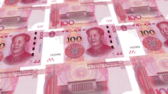Animated Loop of Chinese 100 Yuan Banknotes Arrangement, Horizontal Video, CNY Financial Banking Concept Background