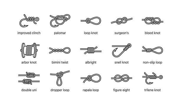 Fishing knot icons showing common tying techniques on white
