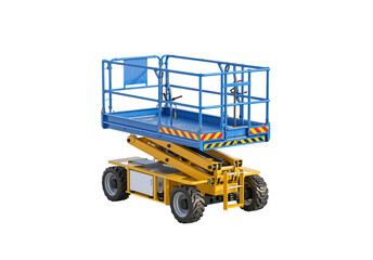 Fototapeta premium Blue scissor lift platform with safety railing on wheels