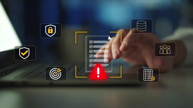 Digital Compliance Checklist and Risk Assessment concept,  online documents on laptop, audit management, risk assessment, data protection, cybersecurity standards, 