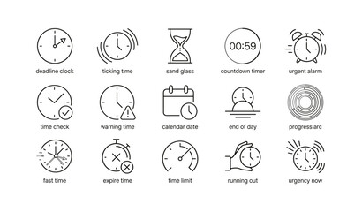 Fototapeta premium Time icons depicting clocks and timers on white background