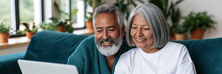 Obraz premium Mature couple smiling at laptop for family video call background and website banner promoting home connection and joyful moments
