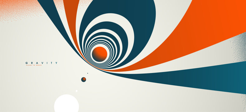 Abstract gravity concept showing pull, tension, and momentum as elements flow toward a center, transforming chaos into structured balance and direction.