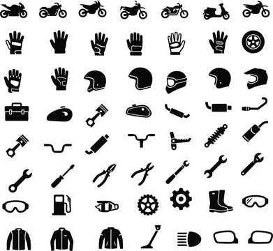 Motorcycle and biker accessories black silhouette vector icons set.