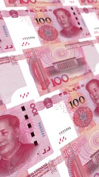 Looping Animation of Stacked Chinese 100 Yuan Bills, Vertical Format, CNY Financial Concept for Mobile and Social Media