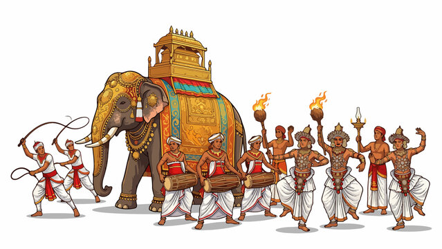 Title: Esala Perahera Festival Traditional Sri Lankan Cultural Procession Illustration