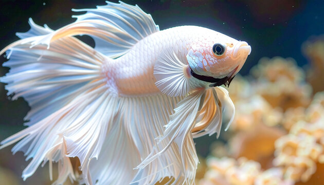Elegant white betta fish with flowing fins in a vibrant underwater environment