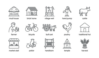 Fototapeta premium Rural life icons showing houses, farming and market elements