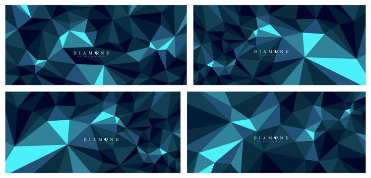 Diamond surface dark vector abstract background set, 3D low poly crystal abstraction, luxury style gem blue color backdrop, polygonal abstract structure.