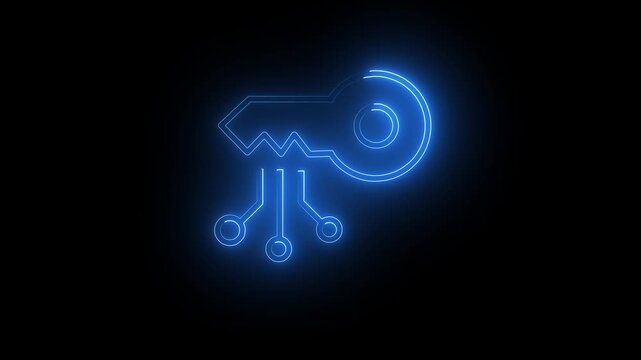 Key symbol glows with blue neon light circuitry representing digital security and advanced encryption technology which protects sensitive data access points within a secure network infrastructure.