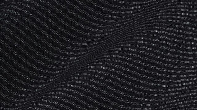Italian Jet Black Pinstripe Wool Lycra Fabric moving in sleek flexible waves of premium stretch material and corporate pinstripe suit pattern