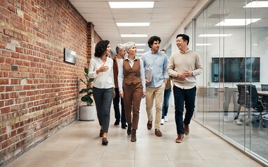 Fototapeta premium Diverse group of colleagues walking in modern brick office