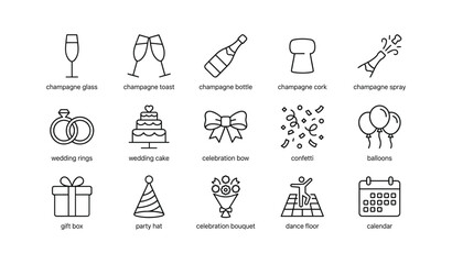 Fototapeta premium Celebration and wedding icons of party items on white background