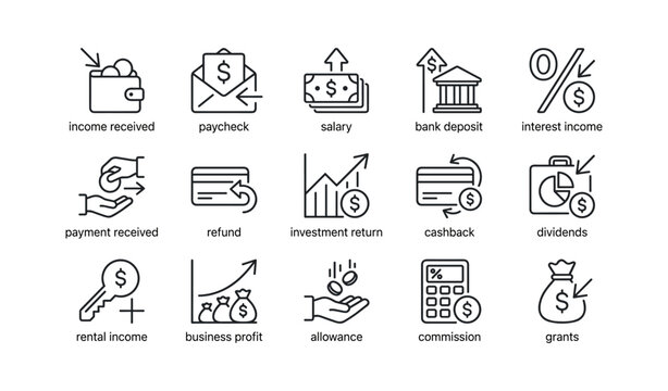 Income and finance icons showing payments deposits returns and refunds