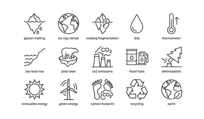 Fototapeta premium Climate change and environmental impact icons with symbols