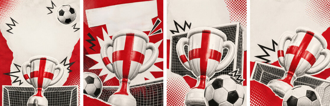 England football promotional poster collection template featuring an inflatable St George cross trophy and soccer ball over retro pop art background