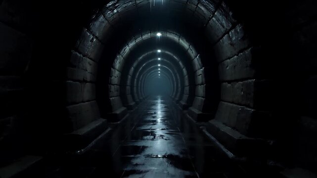 Exploring a mysterious underground tunnel with wet, reflective surfaces and dim lighting perfect for suspenseful design projects.