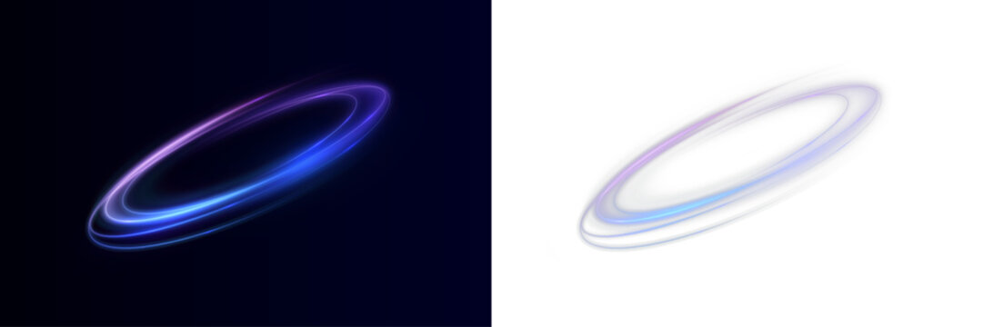 Glowing blue and violet elliptical light ring on dark and light backgrounds. Abstract vector halo effect.