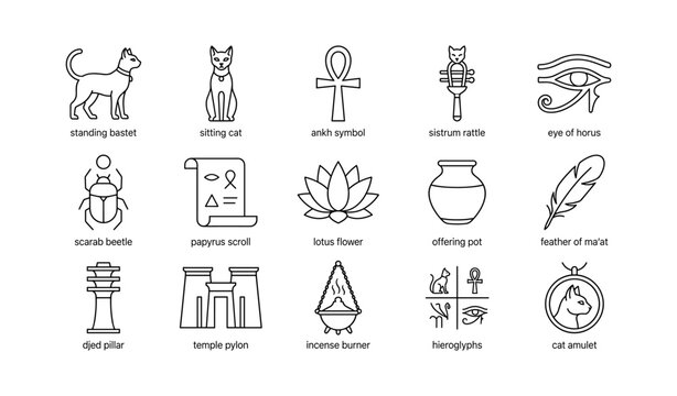 Egyptian ritual and deity icons arranged in grid layout